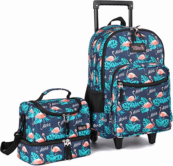 Tilami Flamingo Black Rolling Backpack 18 inch with Lunch Bag