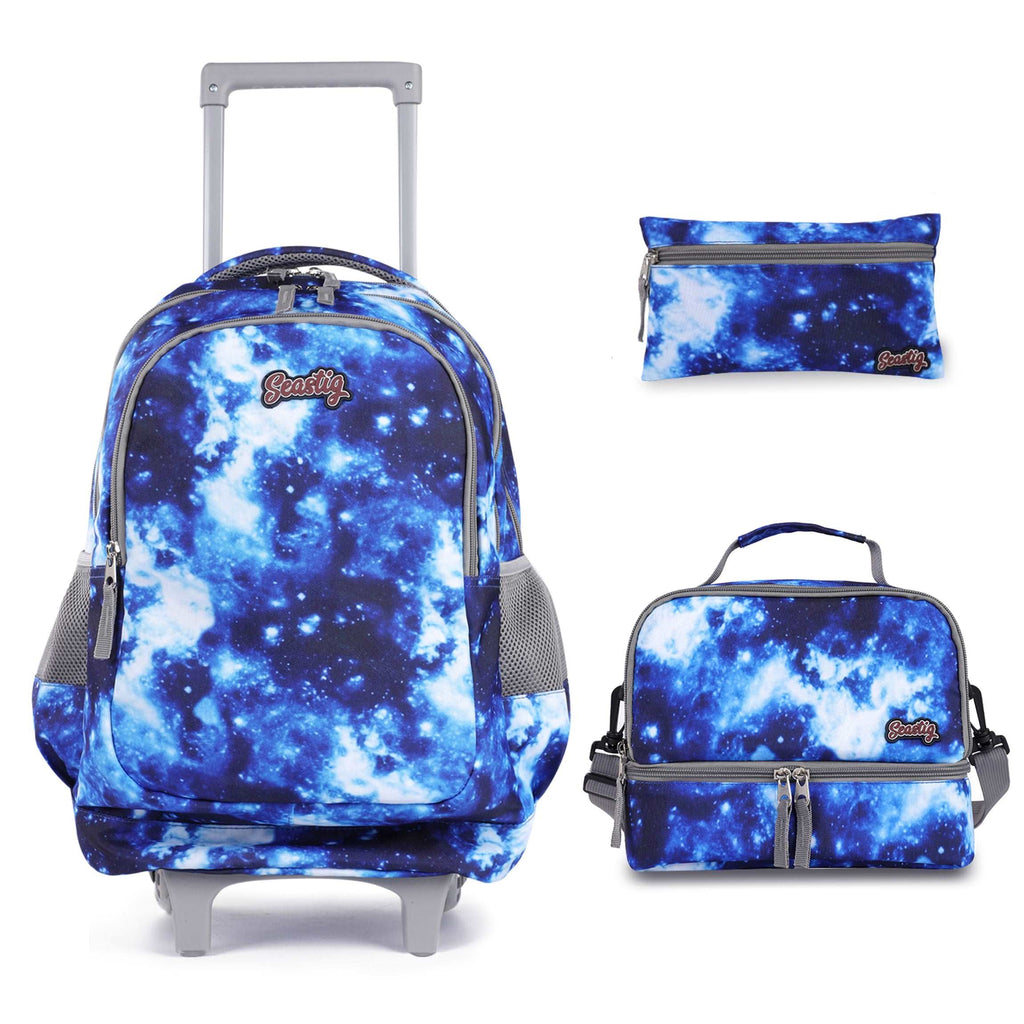 Seastig Blue Galaxy 18 inch Double Handle Rolling Backpack for Kids with Lunch Bag and Pencil Case Set