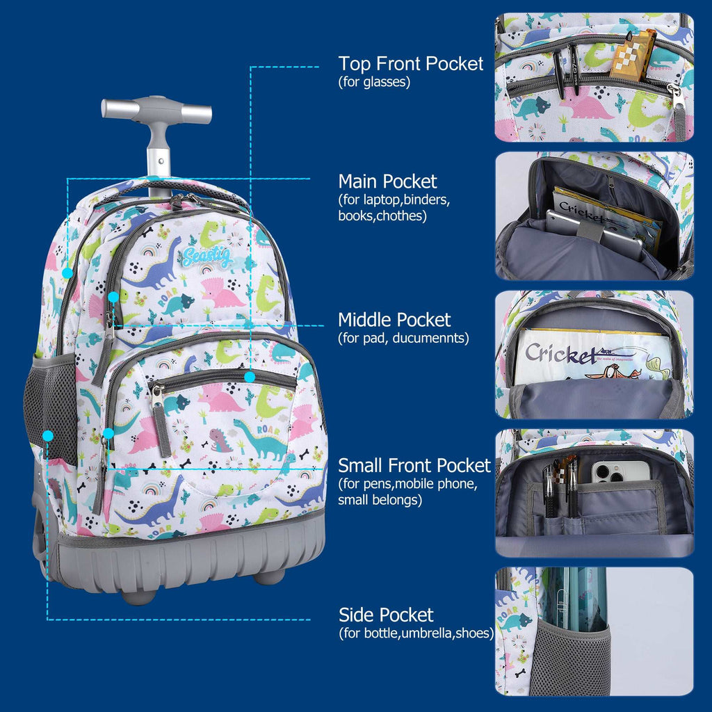 seastig 16 inch Litter Dinosaur Rolling Backpack for Kids