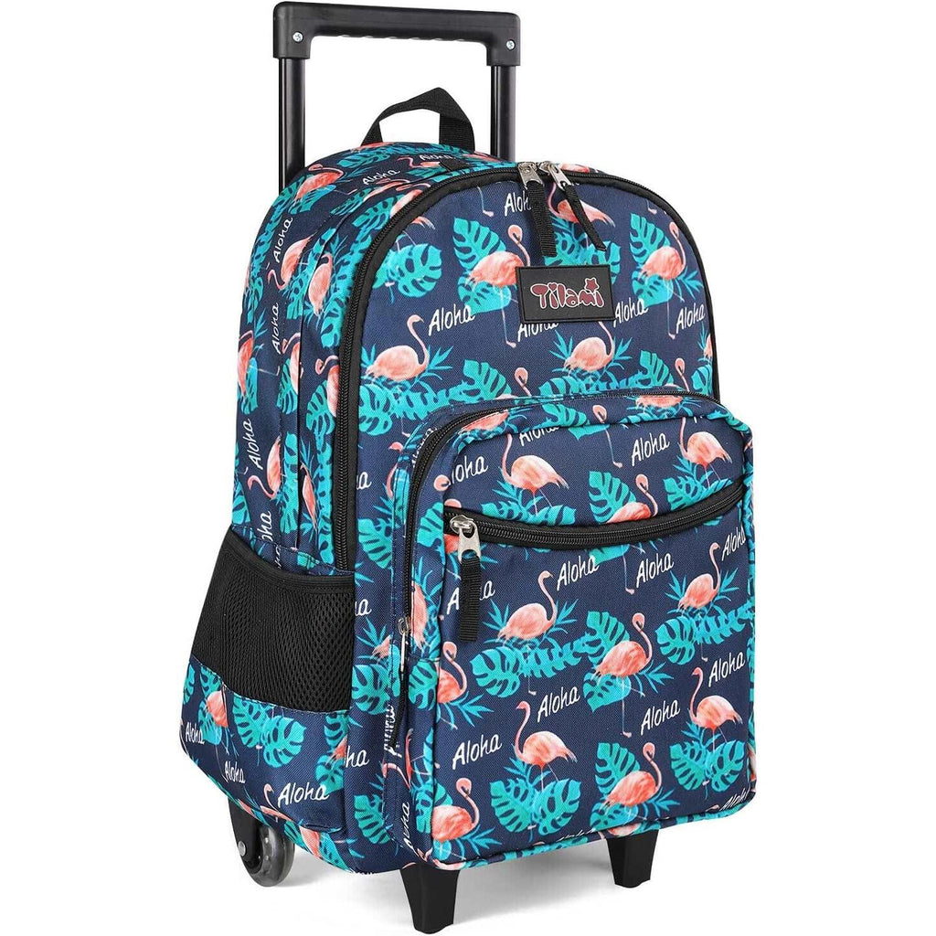 Tilami 18 inch Flamingo Black Rolling Backpack for Kids