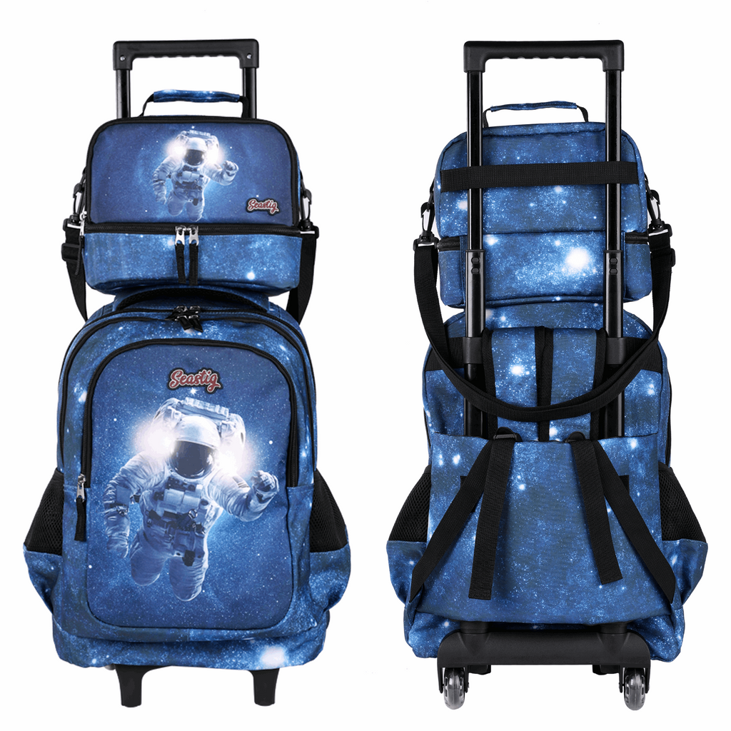 Seastig Cosmonaut 18 inch Double Handle Rolling Backpack for Kids with Lunch Bag and Pencil Case Set
