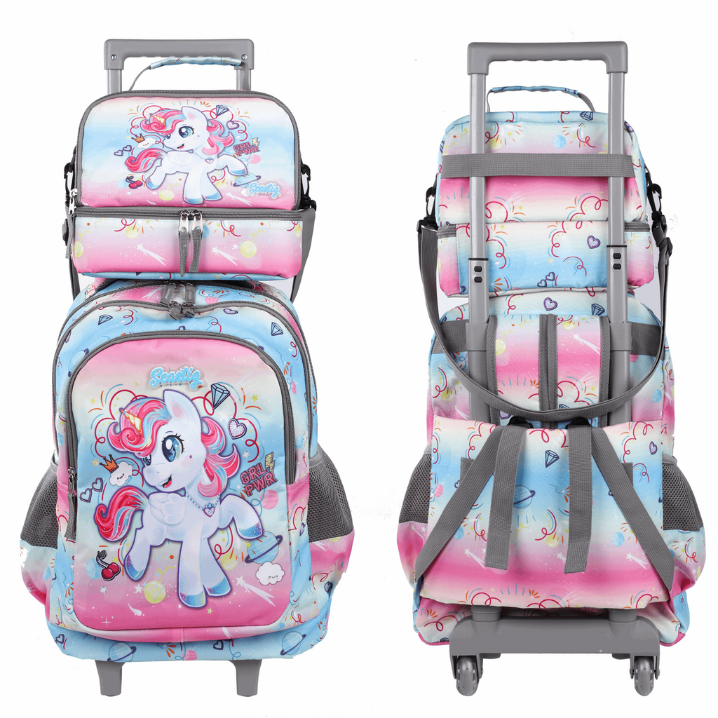 Seastig Pink Unicorn 18 inch Double Handle Rolling Backpack for Kids with Lunch Bag and Pencil Case Set