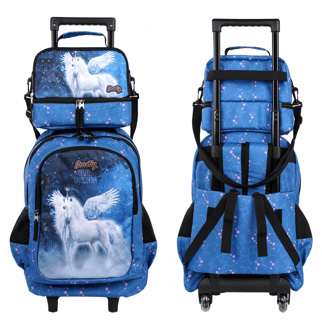 Seastig White Horse 18 inch Double Handle Rolling Backpack for Kids with Lunch Bag and Pencil Case Set