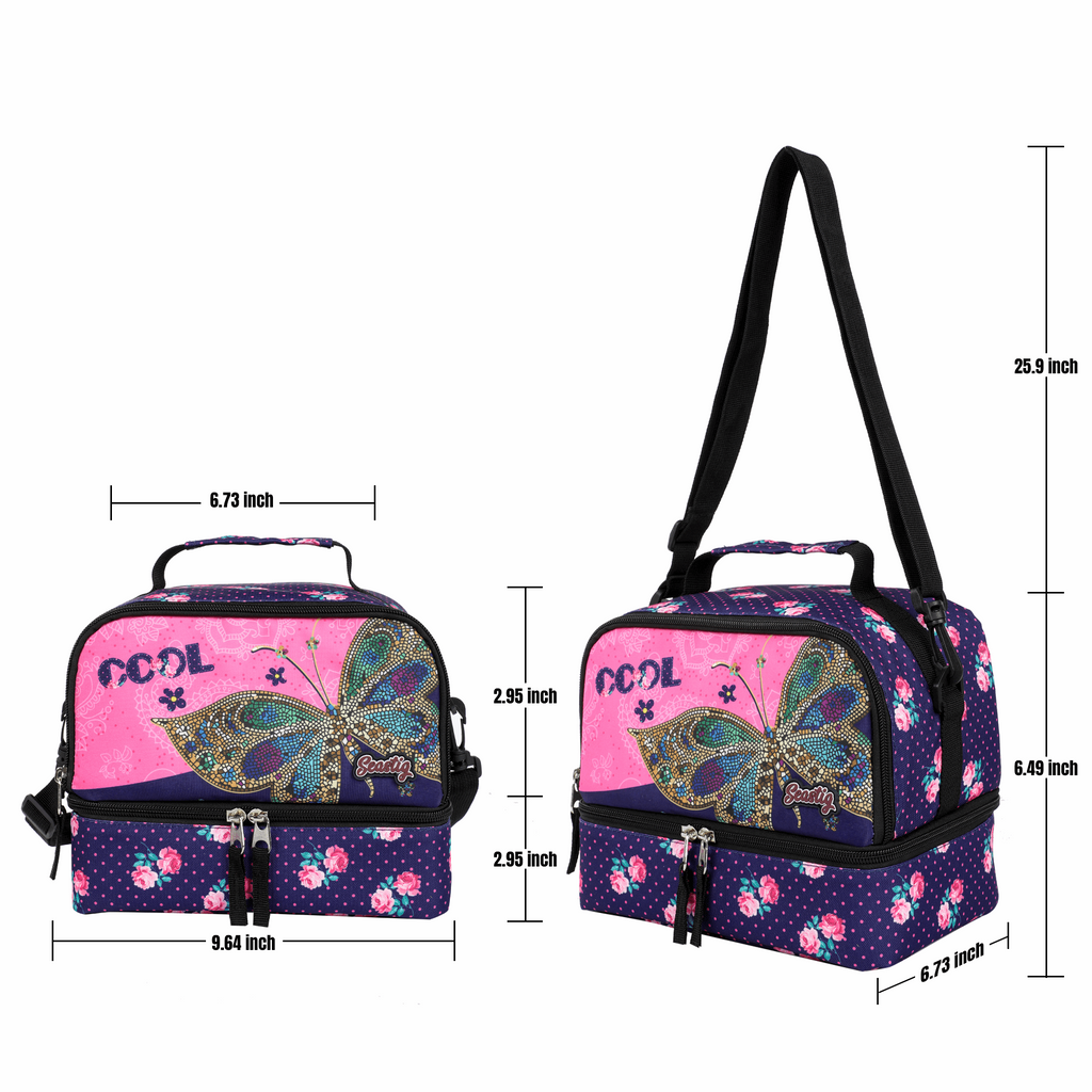 Seastig Butterfly 18 inch Double Handle Rolling Backpack for Kids with Lunch Bag and Pencil Case Set