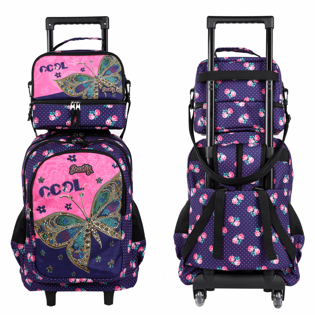 Seastig Butterfly 18 inch Double Handle Rolling Backpack for Kids with Lunch Bag and Pencil Case Set
