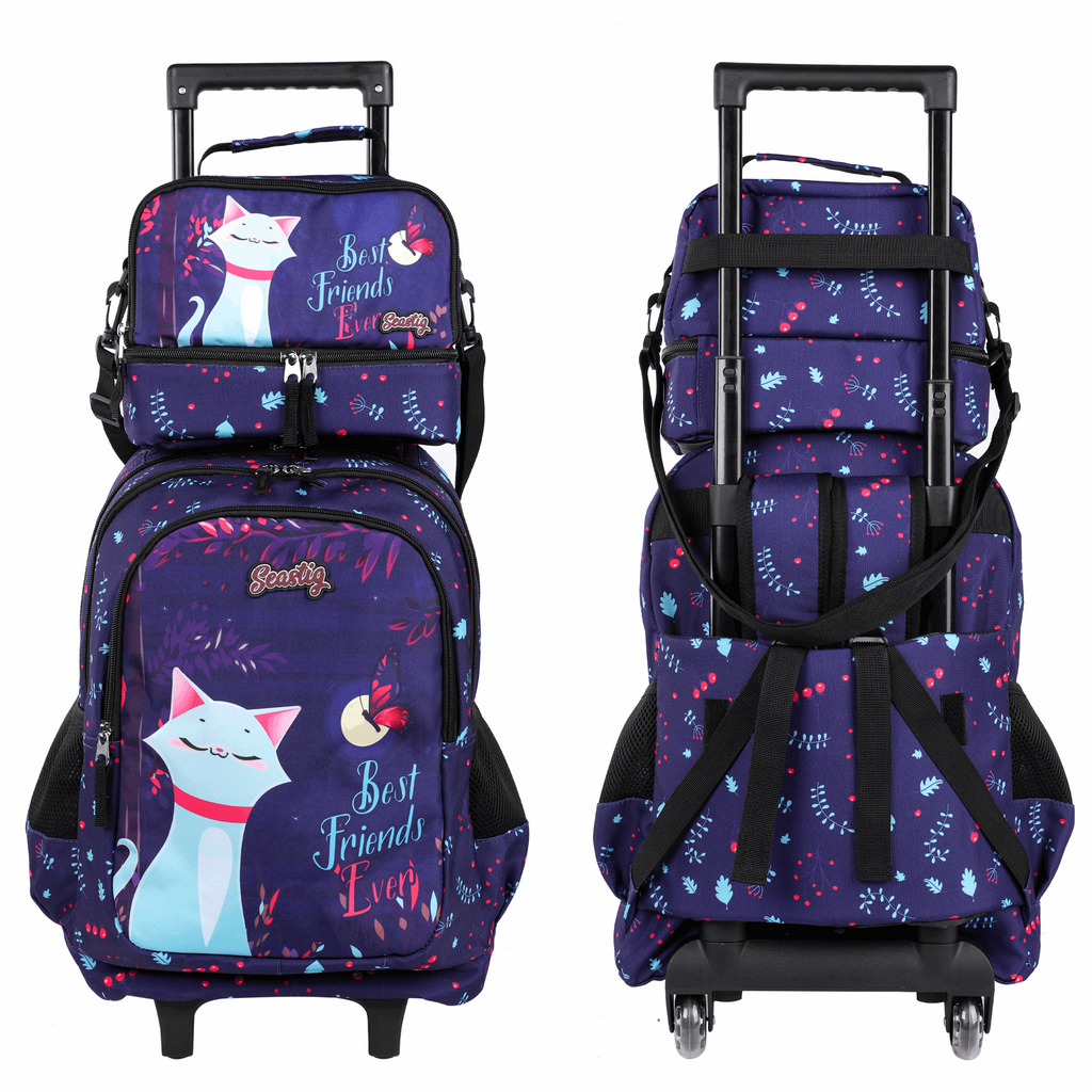 Seastig Cat 18 inch Double Handle Rolling Backpack for Kids with Lunch Bag and Pencil Case Set