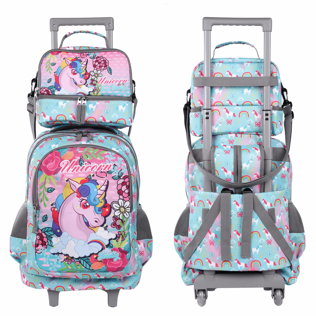 Seastig Unicorn 18 inch Double Handle Rolling Backpack for Kids with Lunch Bag and Pencil Case Set