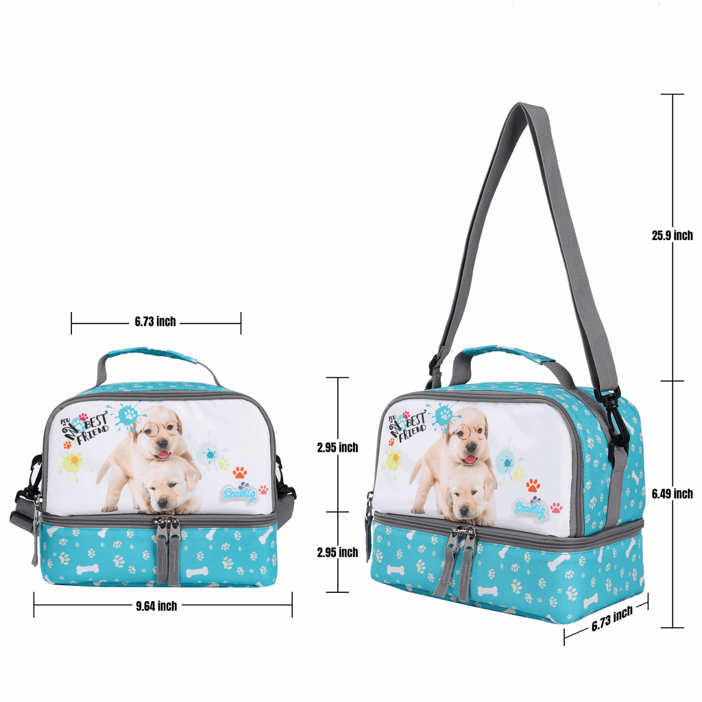 Seastig Two Dogs 18 inch Double Handle Rolling Backpack for Kids with Lunch Bag and Pencil Case Set
