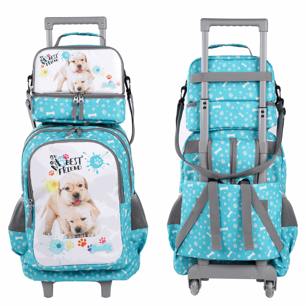 Seastig Two Dogs 18 inch Double Handle Rolling Backpack for Kids with Lunch Bag and Pencil Case Set