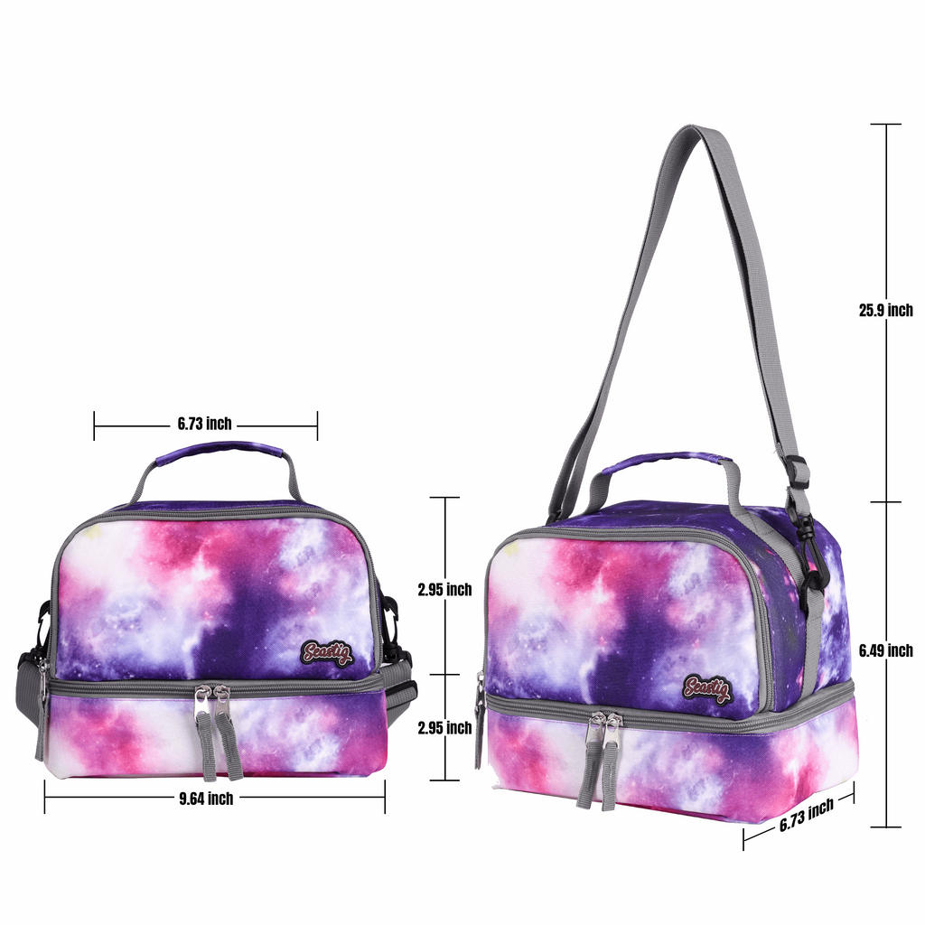 Seastig Purple Galaxy 18 inch Double Handle Rolling Backpack for Kids with Lunch Bag and Pencil Case Set