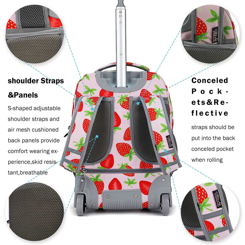 Tilami 18 inch Strawberry Rolling Backpack For Kids Wheeled Backpack