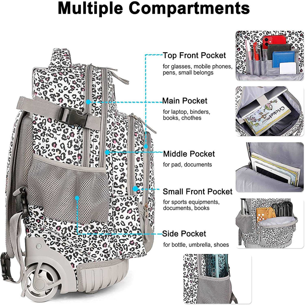 Tilami Leopard print 18 inch Kids Rolling Backpack Laptop Backpack