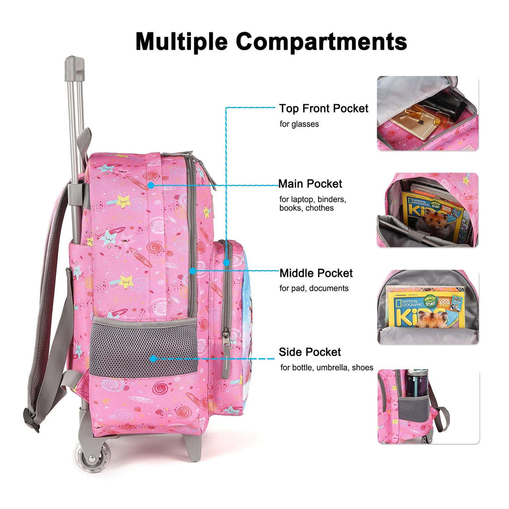 Tilami Rolling Backpack 18 Inch Double Handle With Lunch Bag Wheeled Kids Backpack For Girls And Boys Pink Unicorn