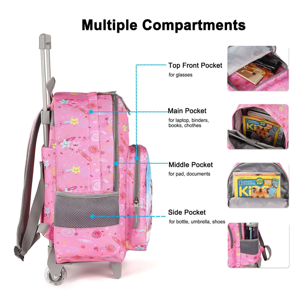 Tilami Pink Unicorn Rolling Backpack 18 inch with Lunch Bag
