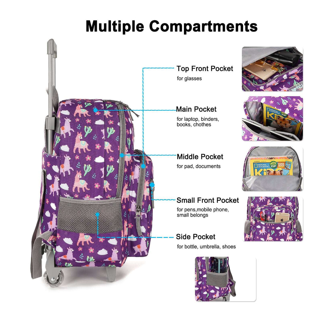 Tilami 18-inch Purple Alpaca Rolling Backpack for Kids