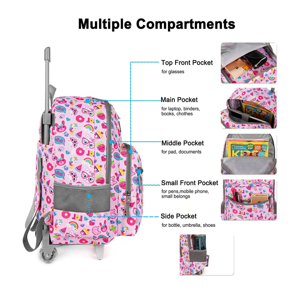 Tilami Pink Cat Rolling Backpack 18 inch with Lunch Bag