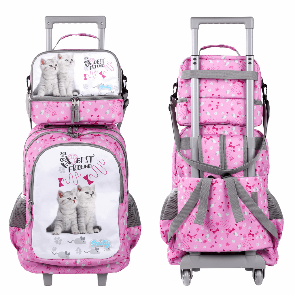 Seastig Two Cats 18 inch Double Handle Rolling Backpack for Kids with Lunch Bag and Pencil Case Set