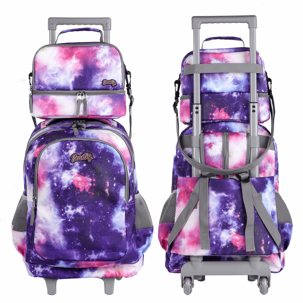 Seastig Purple Galaxy 18 inch Double Handle Rolling Backpack for Kids with Lunch Bag and Pencil Case Set