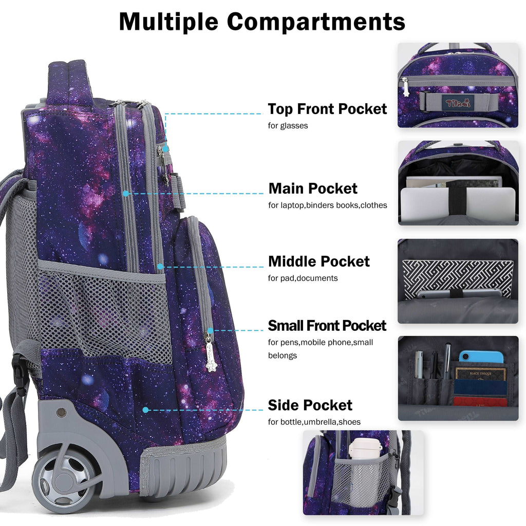 Tilami 18-inch Deep Galaxy Rolling Backpack for Kids