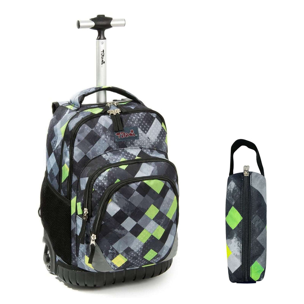 Tilami Green Plaid Rolling Backpack 18 Inch with Pencil Case School for Boys Girls