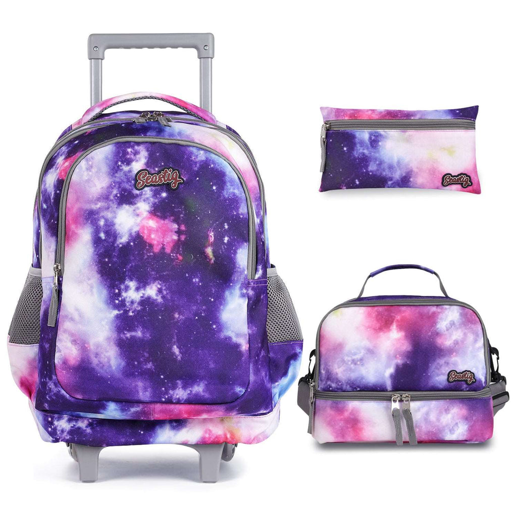 Seastig Purple Galaxy 18 inch Double Handle Rolling Backpack for Kids with Lunch Bag and Pencil Case Set