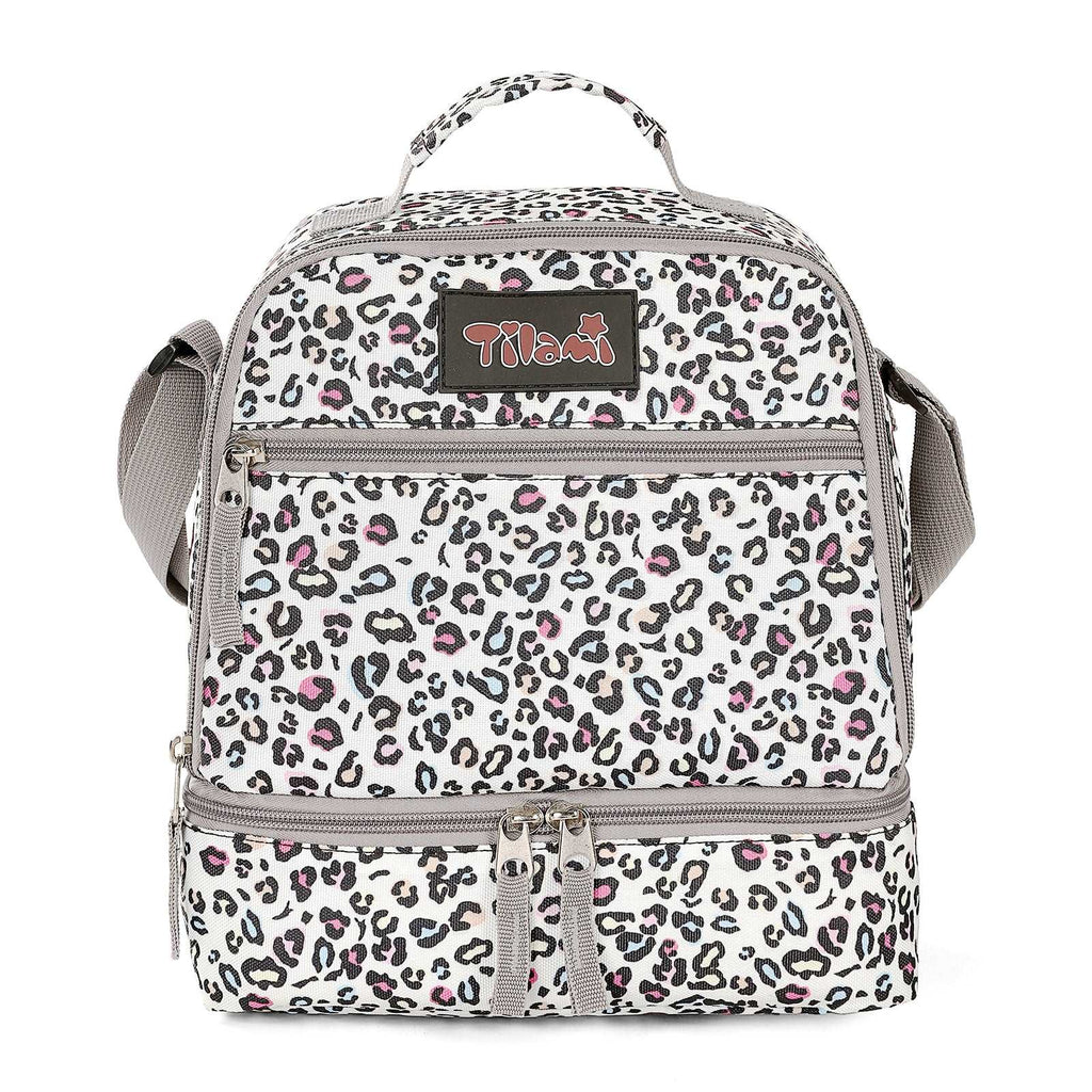 Tilami Leopard White Rolling Backpack 18 inch with Lunch Bag Wheeled Laptop Backpack