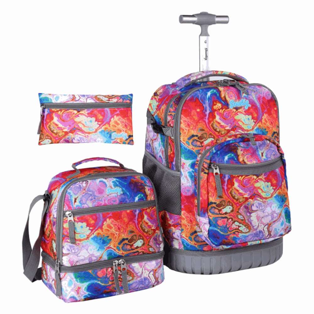 Seastig Painted Pattern 18 inch Single Handle Rolling Backpack for Kids with Lunch Bag and Pencil Case Set
