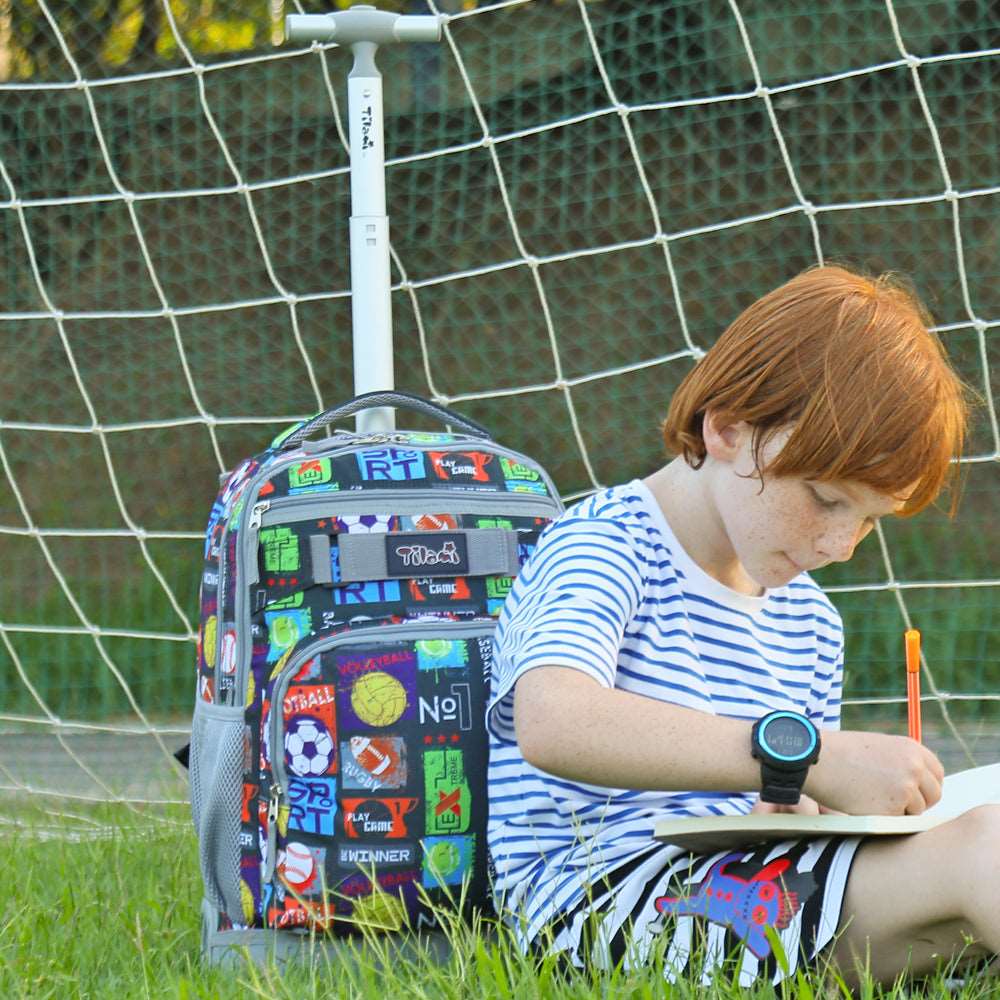 Tilami Black Sport Balls Rolling Backpack 18 inch Wheeled Backpack For Kids Tilami Black Sport Balls Rolling Backpack 18 inch Wheeled Backpack For Kids