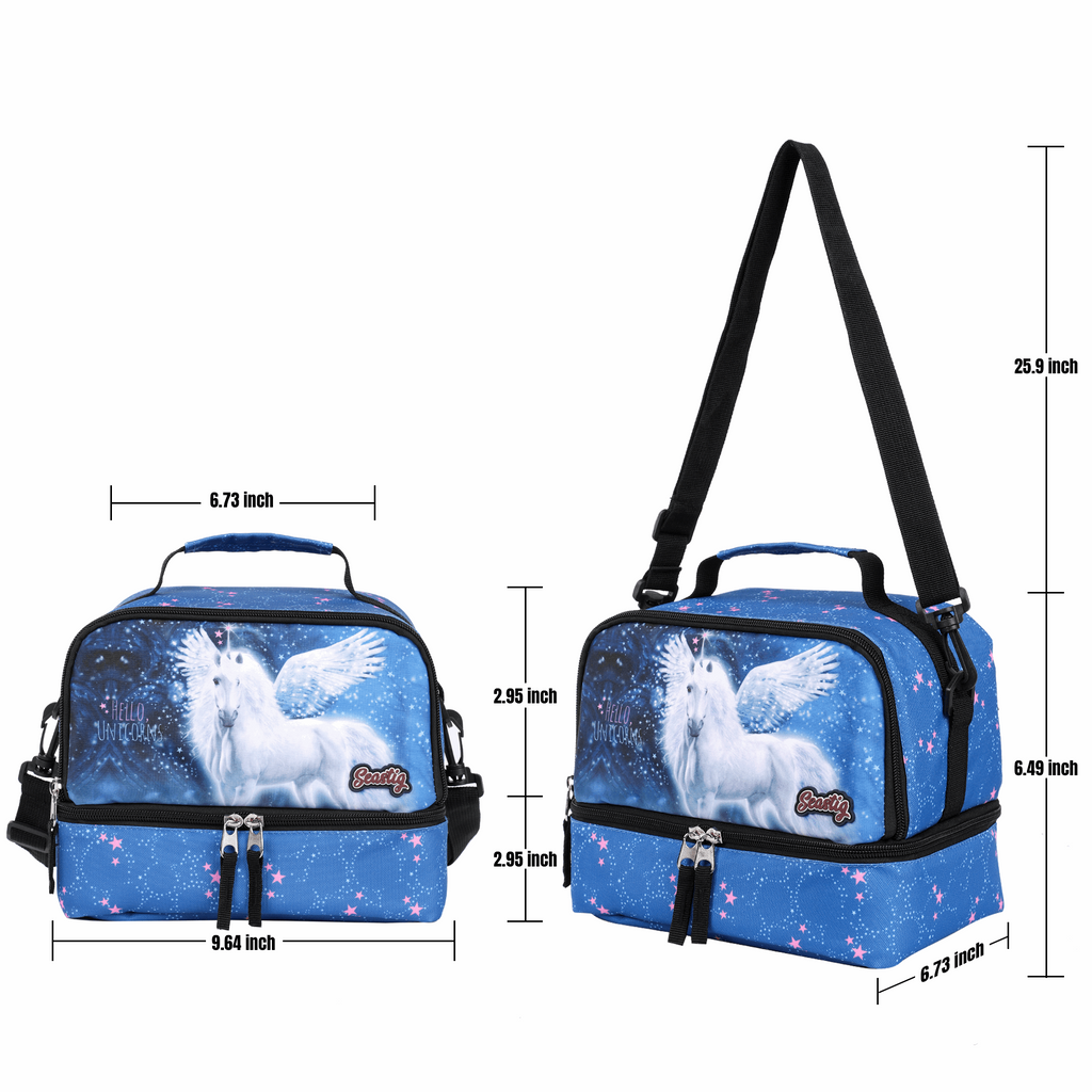 Seastig White Horse 18 inch Double Handle Rolling Backpack for Kids with Lunch Bag and Pencil Case Set