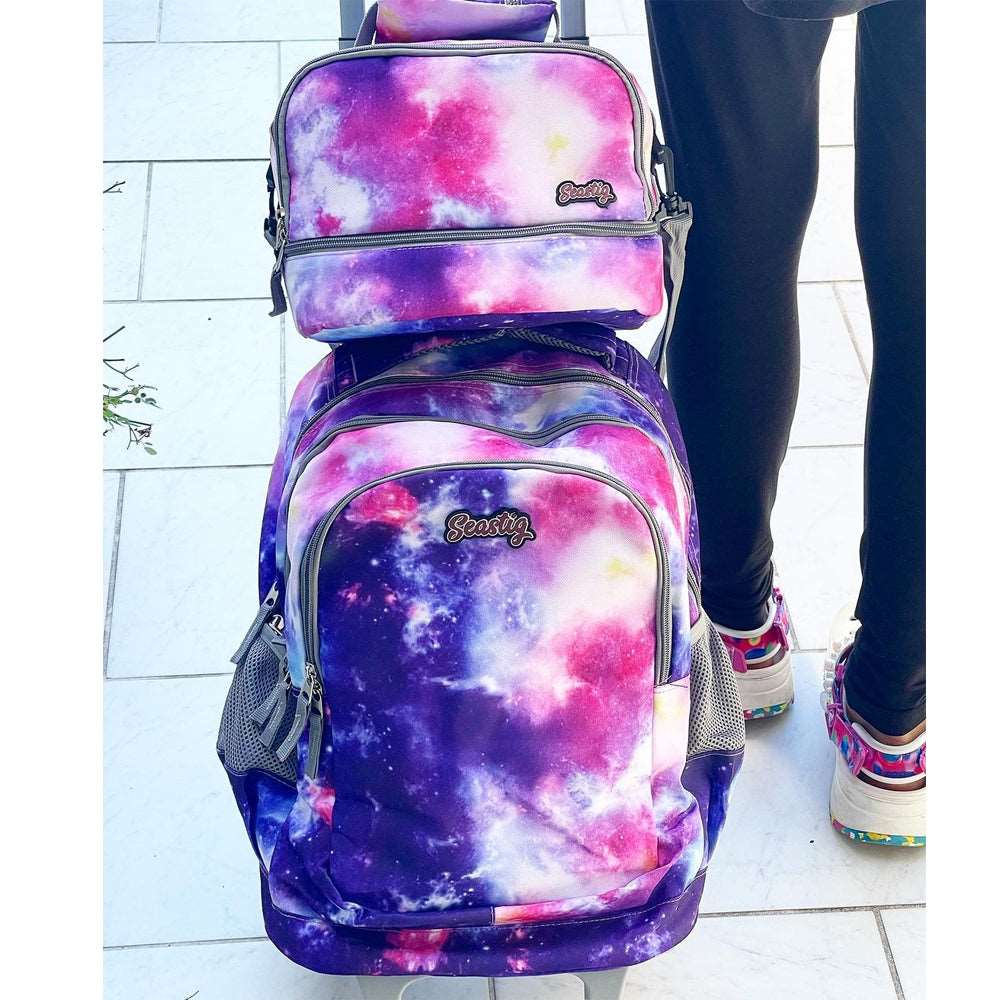 Seastig Purple Galaxy 18 inch Double Handle Rolling Backpack for Kids with Lunch Bag and Pencil Case Set