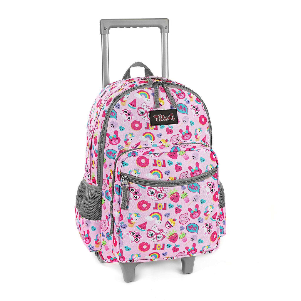 Tilami Pink Cat Rolling Backpack 18 inch with Lunch Bag
