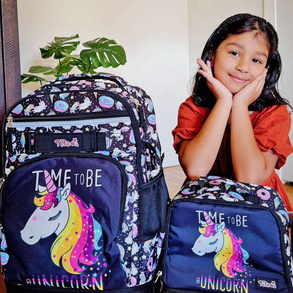 Tilami Black Unicorn 19 inch Rolling Backpack with Matching Lunch Bag