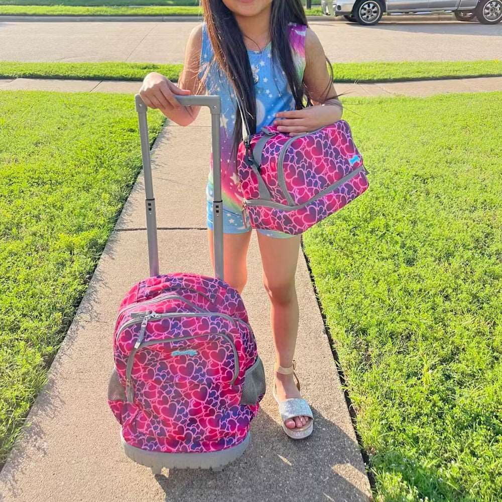 seastig Red Hearts  18in  Rolling Backpack with Lunch Box and Pencil Case Set