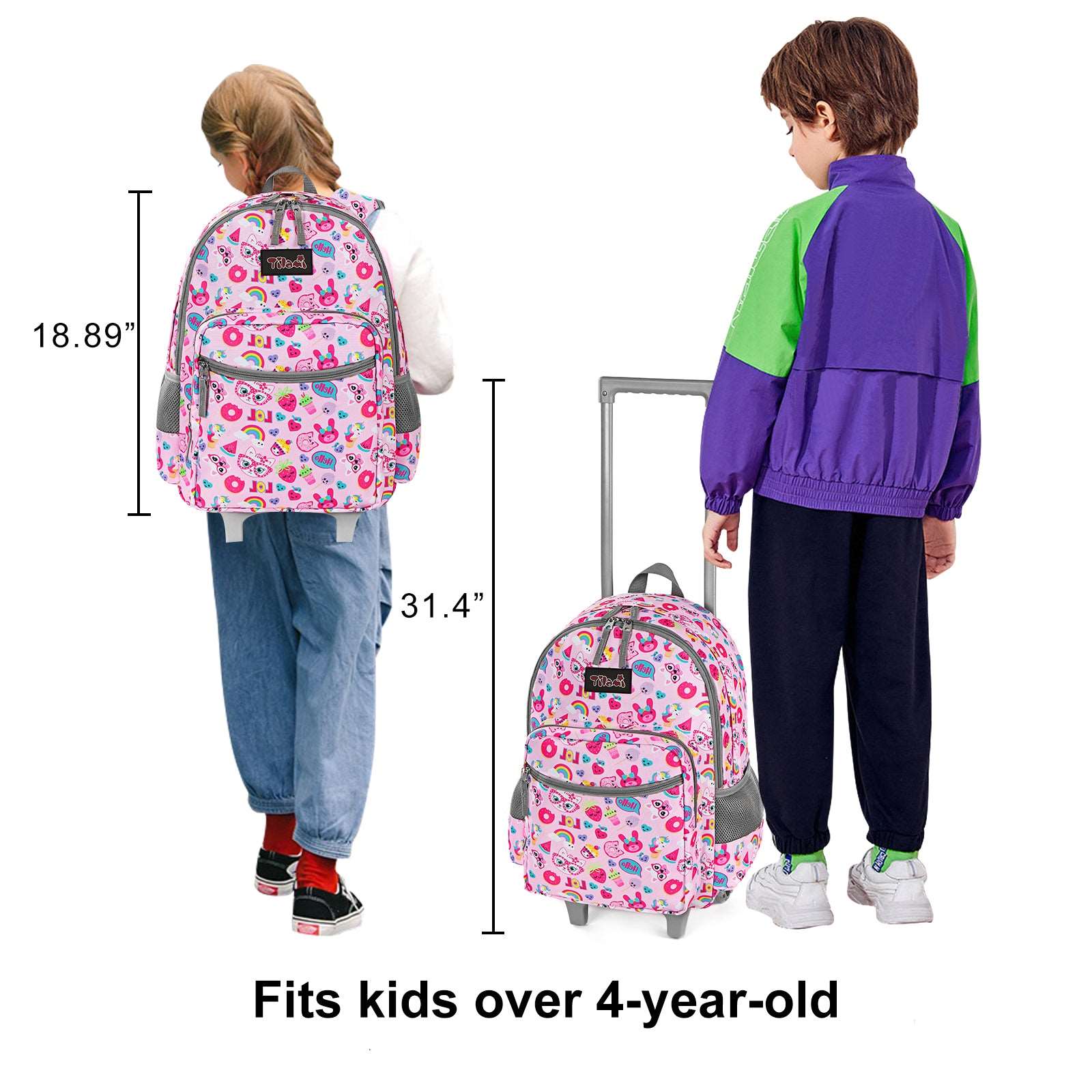 backpack for kids travel Tilami Pink Cat 18-inch Double Handle Rolling Backpack for Kids