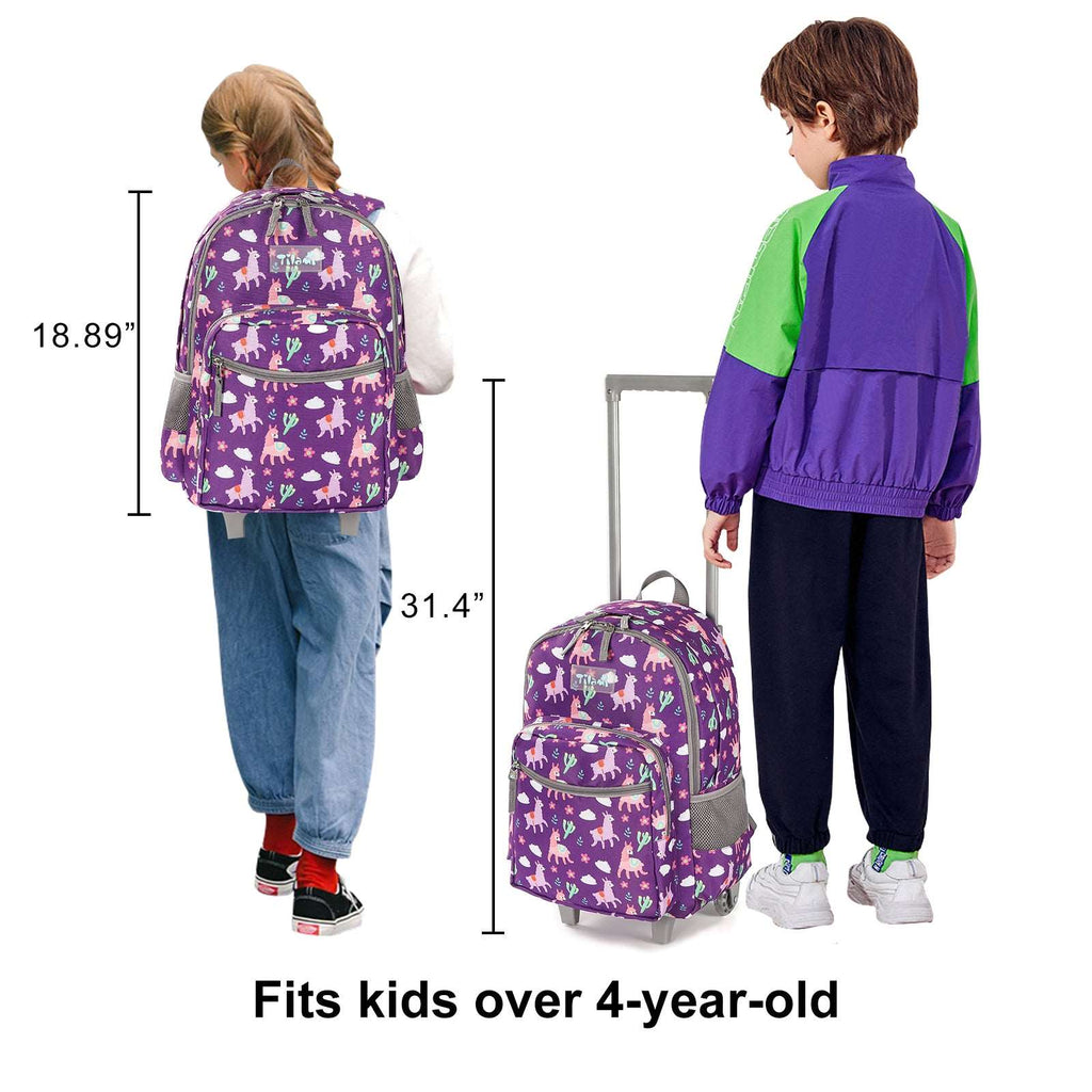 Tilami 18-inch Purple Alpaca Rolling Backpack for Kids