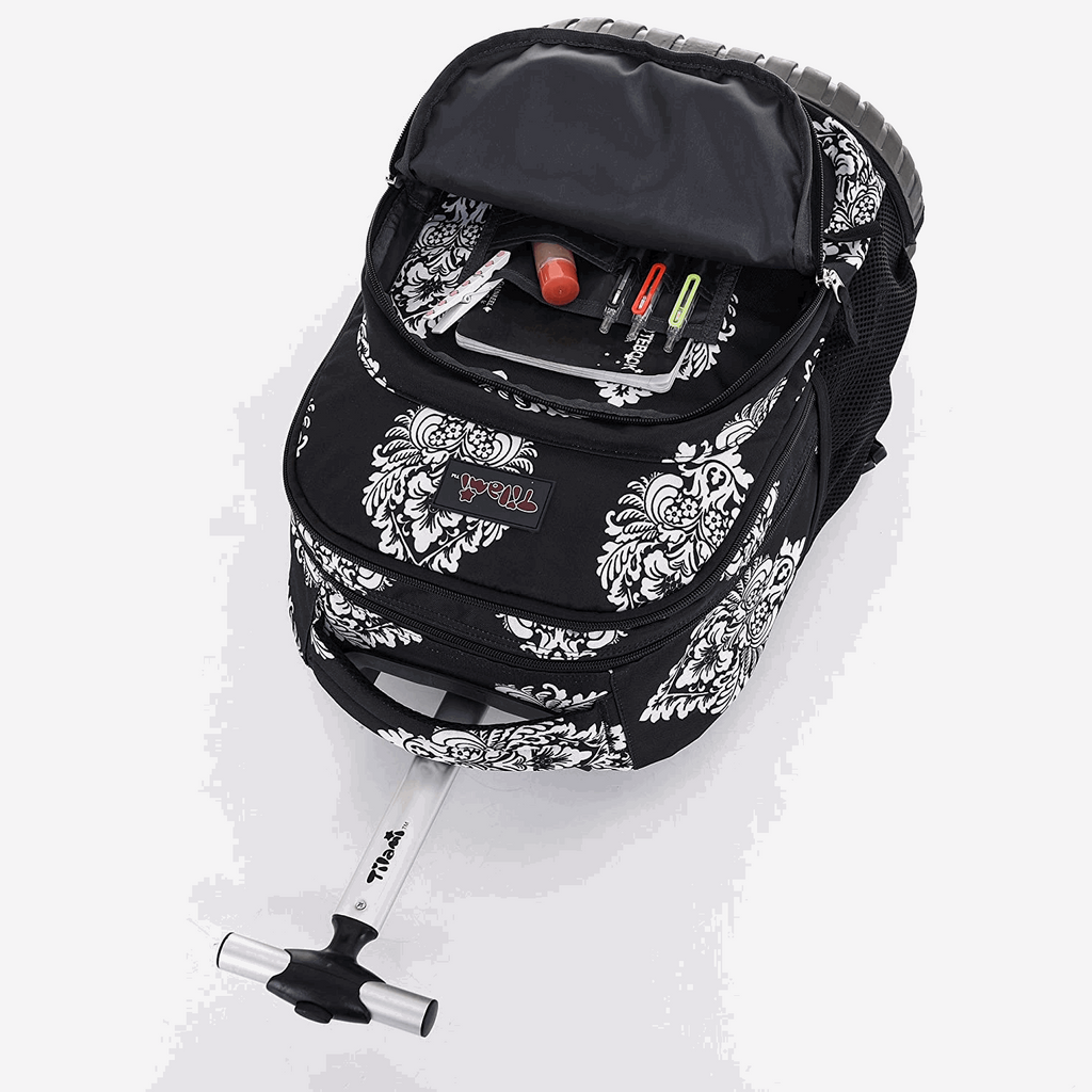 Tilami Black Flowers Kids Rolling Backpack 18 inch Laptop Backpack