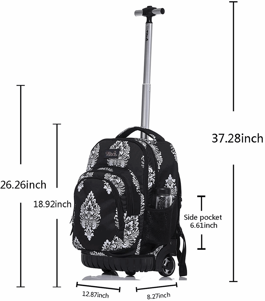 Tilami Black Flowers Kids Rolling Backpack 18 inch Laptop Backpack