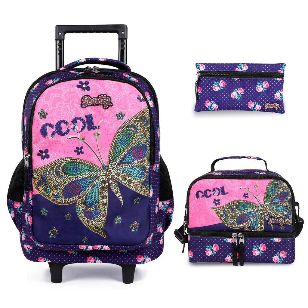 Seastig Butterfly 18 inch Double Handle Rolling Backpack for Kids with Lunch Bag and Pencil Case Set