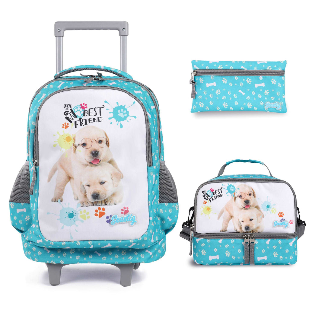 Seastig Two Dogs 18 inch Double Handle Rolling Backpack for Kids with Lunch Bag and Pencil Case Set