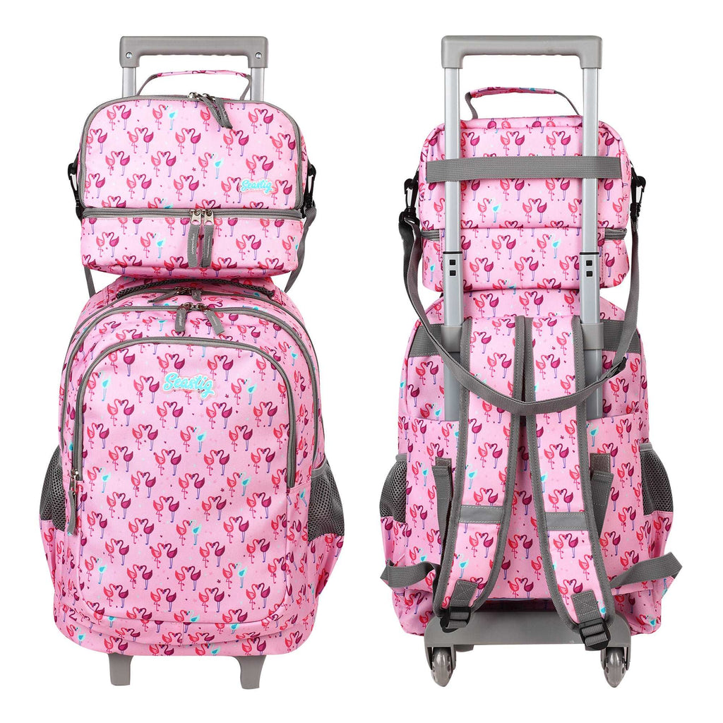 seastig Flamingo Rolling Backpack Girls Boys 18in Wheeled Backpack Kids Backpack with Lunch Box and Pencil Case School Travel Bag