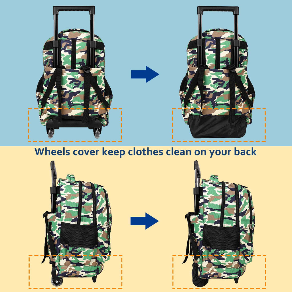 seastig Camo Rolling Backpack Girls Boys 18in Wheeled Backpack Kids Backpack with Lunch Box and Pencil Case School Travel Bag
