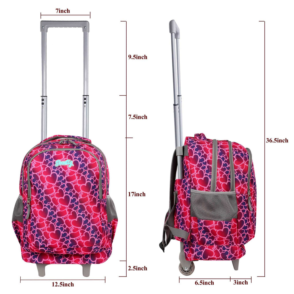 seastig Hearts Rolling Backpack Girls Boys 18in Wheeled Backpack Kids Backpack with Wheels School Travel Bag