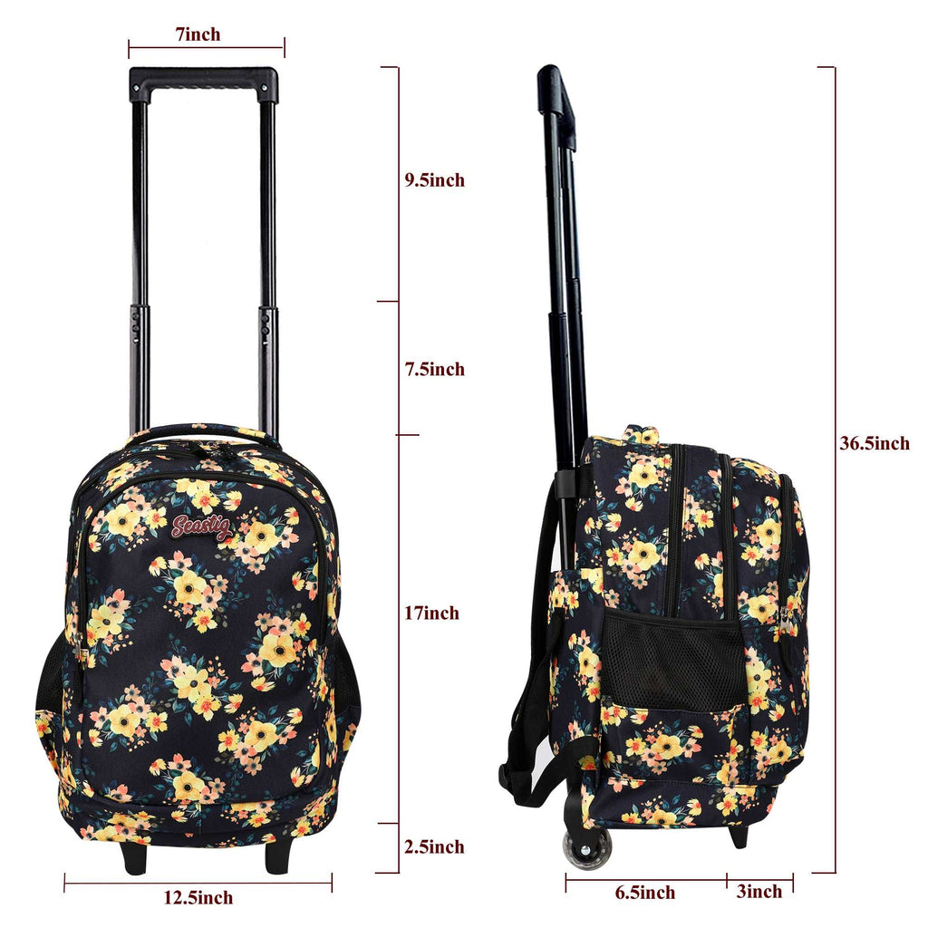 seastig Flower Rolling Backpack Girls Boys 18in Wheeled Backpack Kids Backpack with Lunch Box and Pencil Case School Travel Bag
