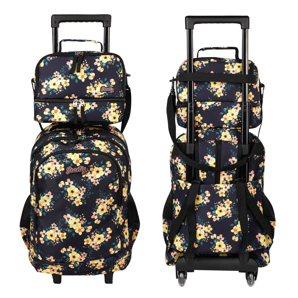 seastig Flower Rolling Backpack Girls Boys 18in Wheeled Backpack Kids Backpack with Lunch Box and Pencil Case School Travel Bag