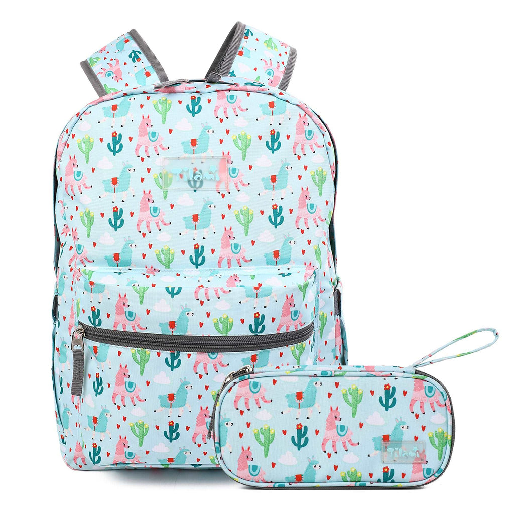 Tilami Green Cactus Alpaca 17 inch Waterproof Backpack with Pencil Bag