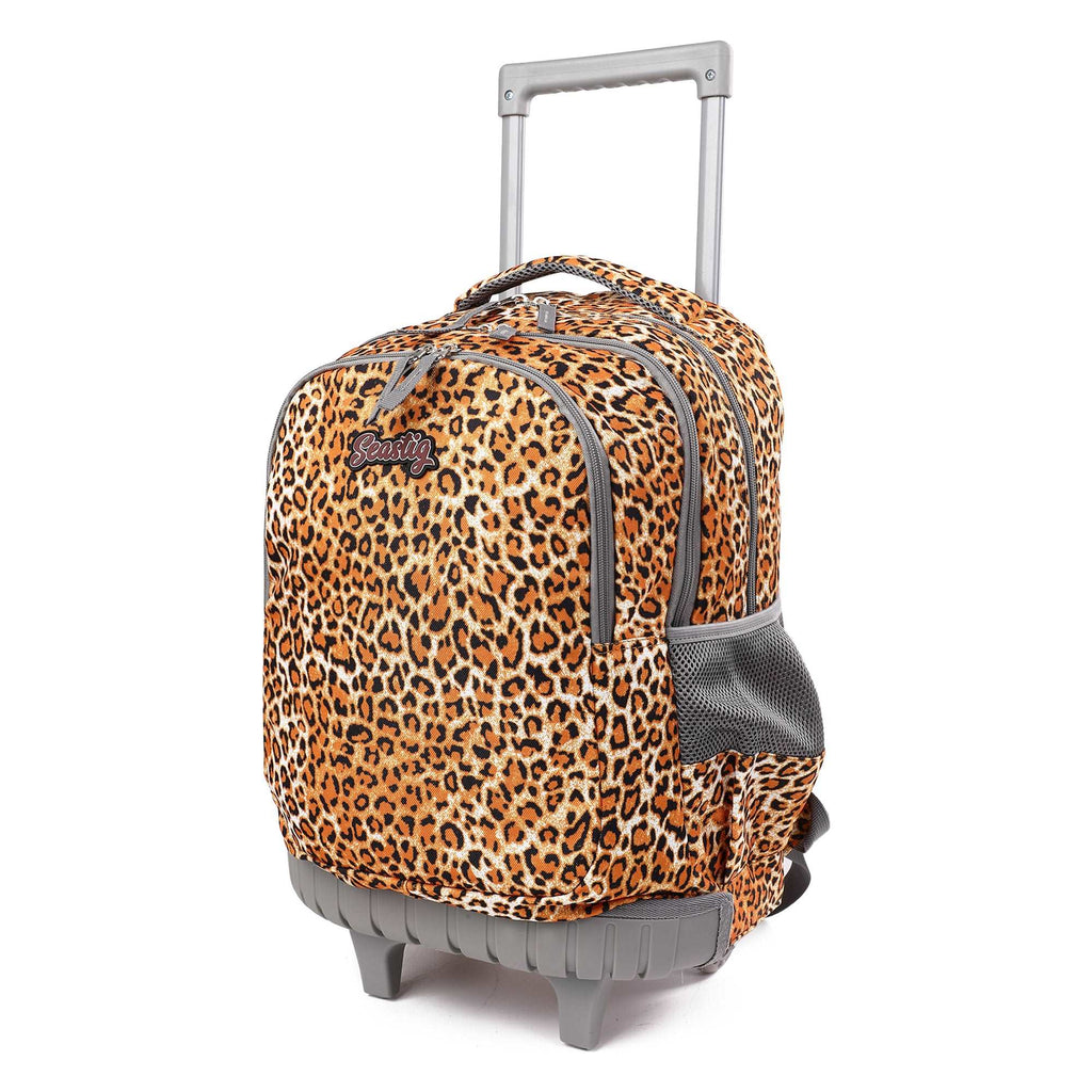 seastig Leopard Print Rolling Backpack Girls Boys 18in Wheeled Backpack Kids Backpack with Wheels School Travel Bag