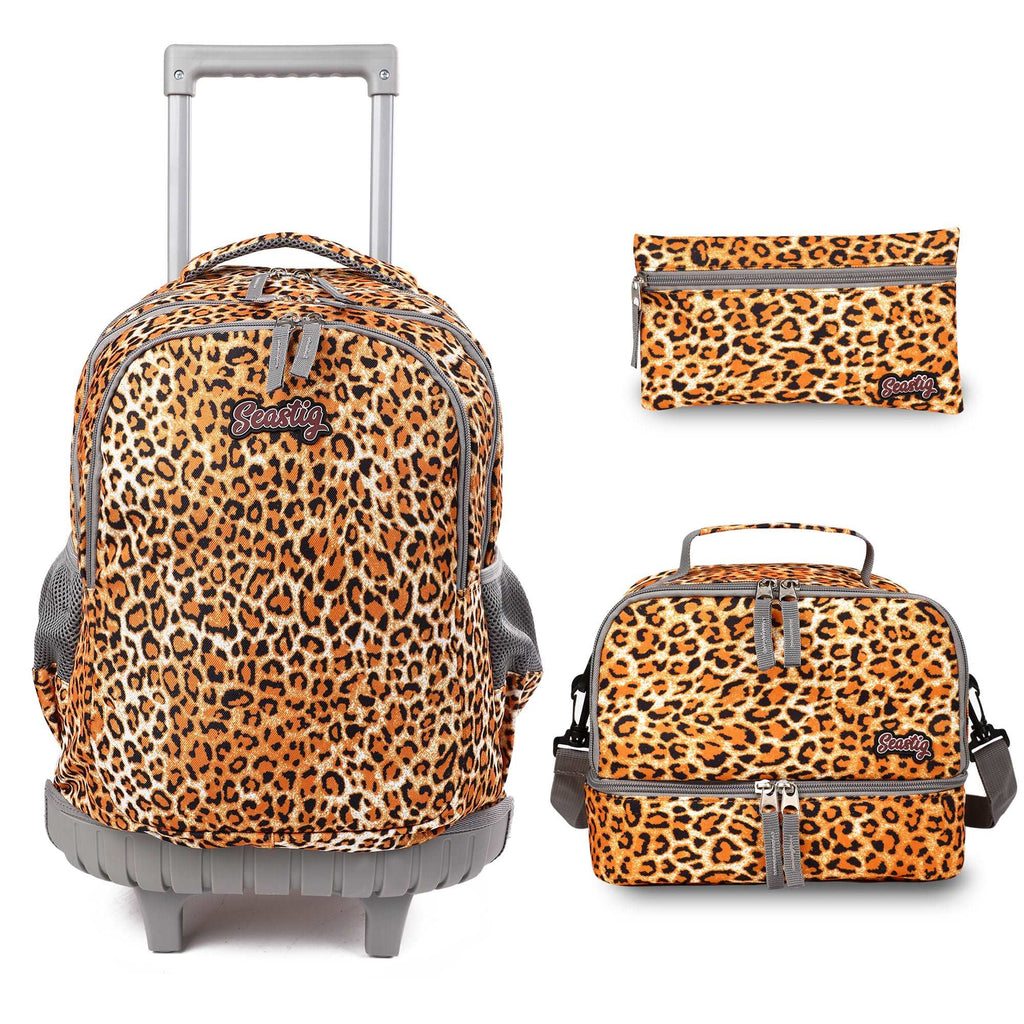 seastig Leopard Print Rolling Backpack Girls Boys 18in Wheeled Backpack Kids Backpack with Lunch Box and Pencil Case School Travel Bag