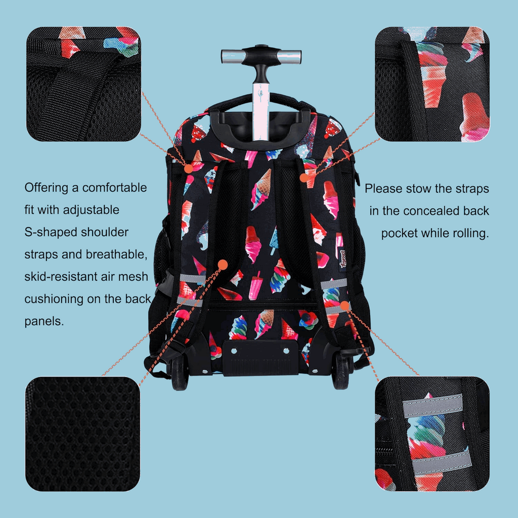 Seastig Painted Pattern 18 inch Single Handle Rolling Backpack for Kids with Lunch Bag and Pencil Case Set