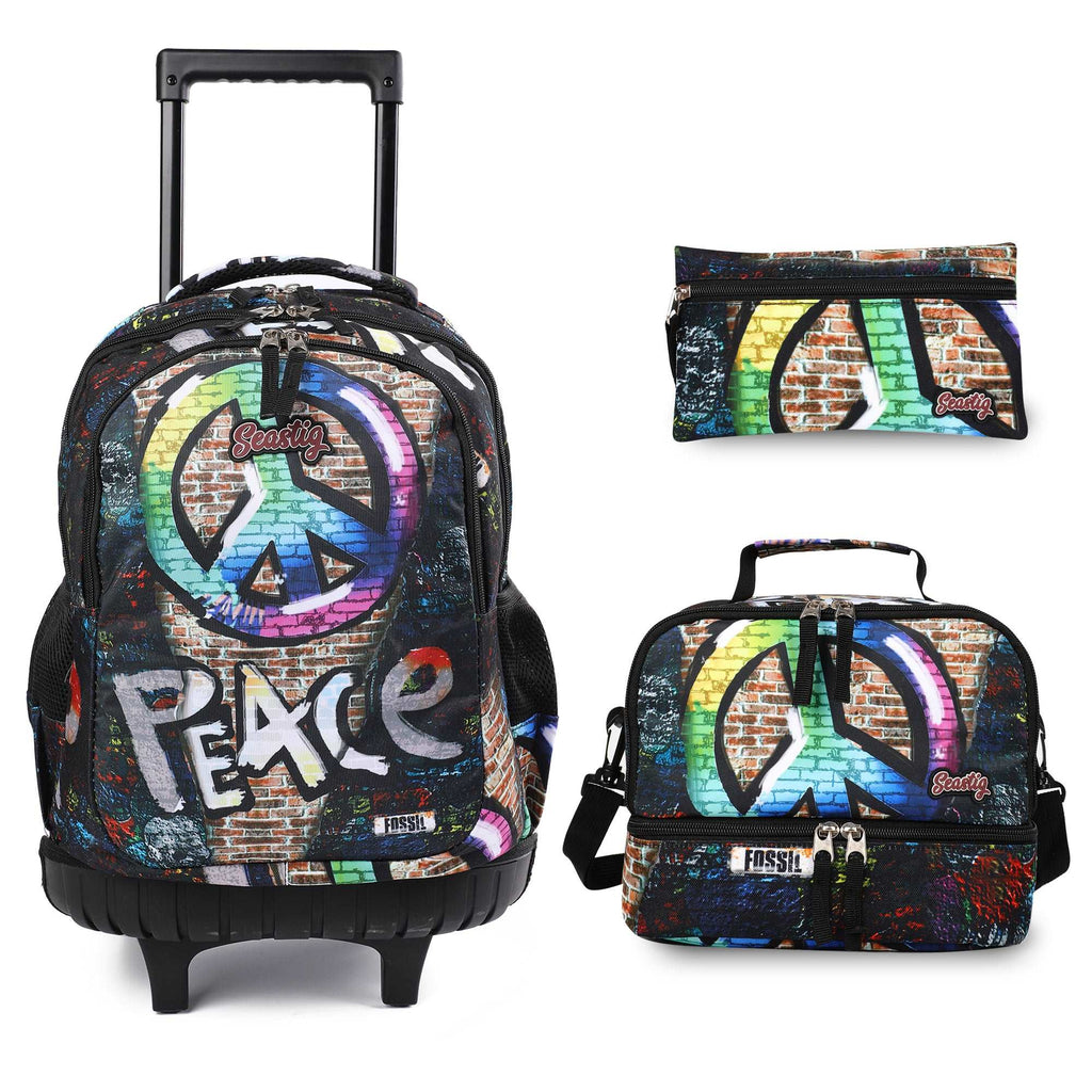 seastig Peace Rolling Backpack Girls Boys 18in Wheeled Backpack Kids Backpack with Lunch Box and Pencil Case School Travel Bag
