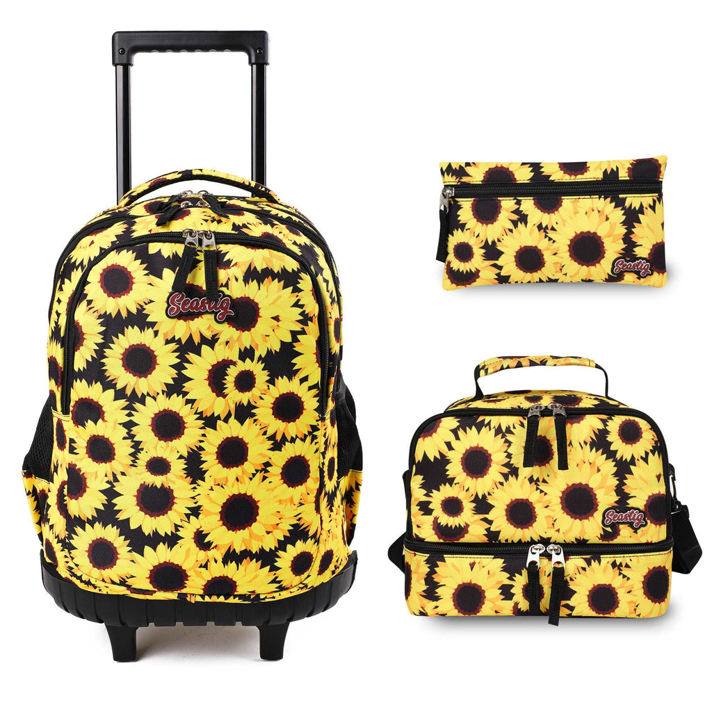 seastig Sunflower Rolling Backpack Girls Boys 18in Wheeled Backpack Kids Backpack with Lunch Box and Pencil Case School Travel Bag
